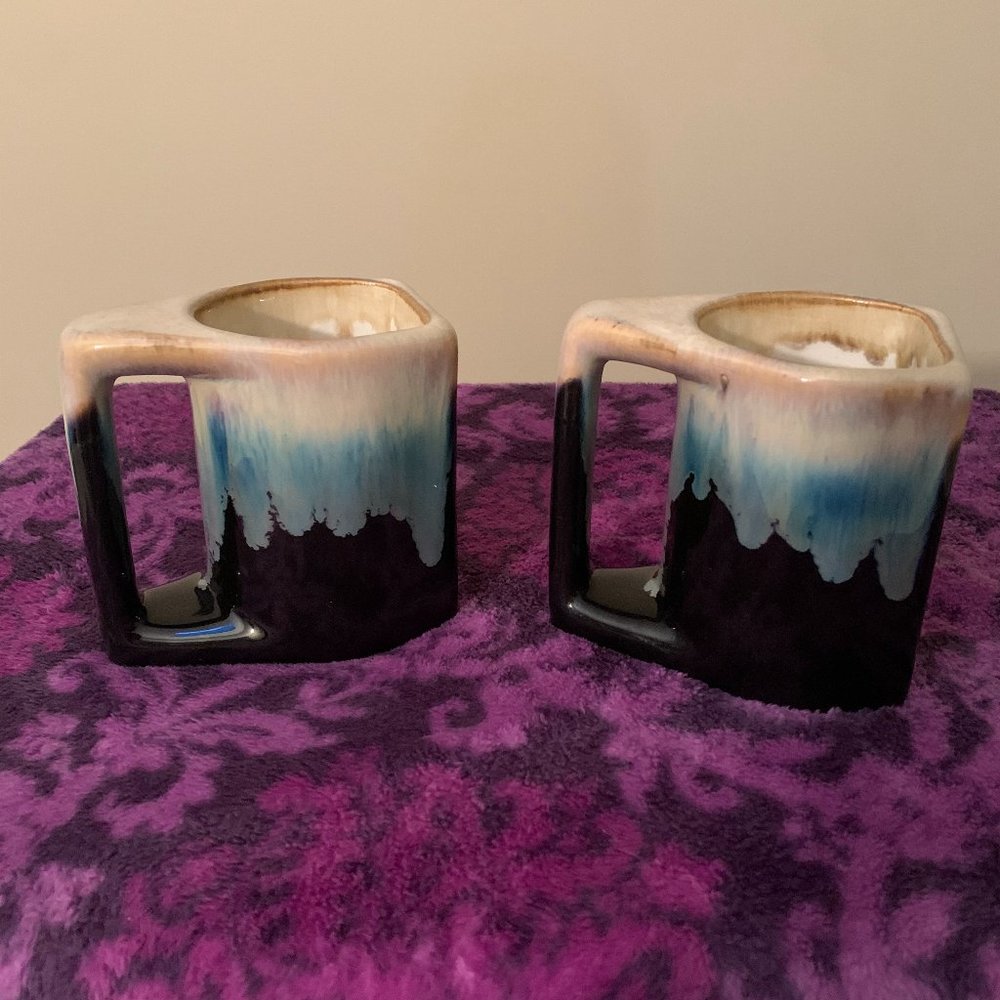 2 VINTAGE PADILLA MEXICAN STONEWARE DRIP GLAZE BLUE BEIGE COFFEE MUGS